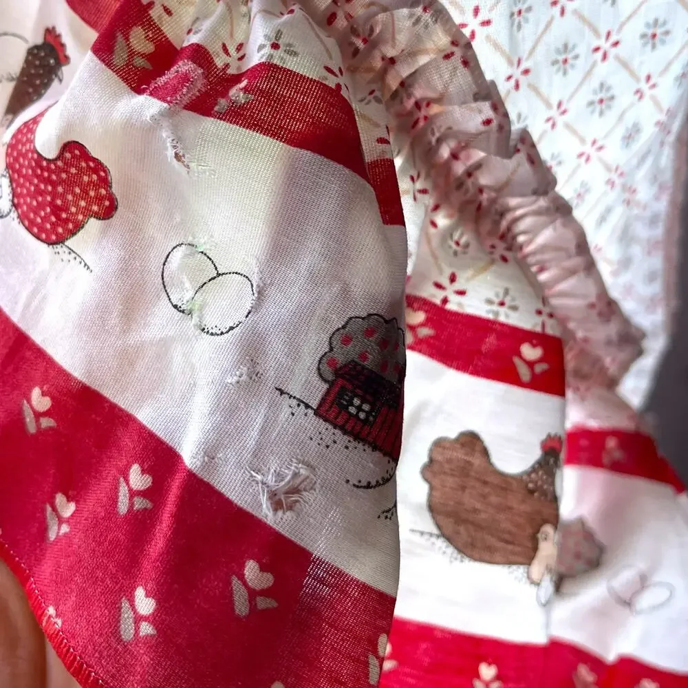 Vintage Chicken Hen Country Kitchen Swag Curtains 2 Panel Set Red White